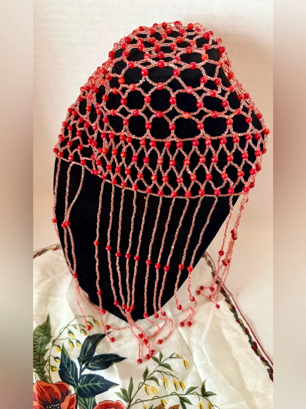 Handmade Red Beaded Fringe Headscarf